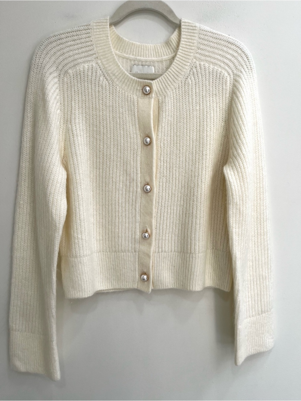 Abercrombie & Fitch cream ivory ribbed button front cardigan pearl buttons LG